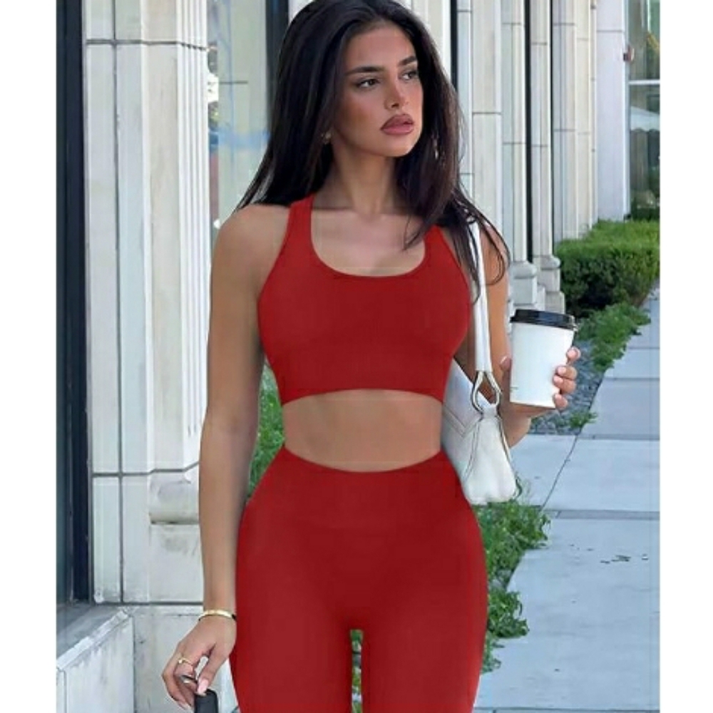 Women Workout Set Seamless High Waist Legging Padded Racerback Sports Bra Red